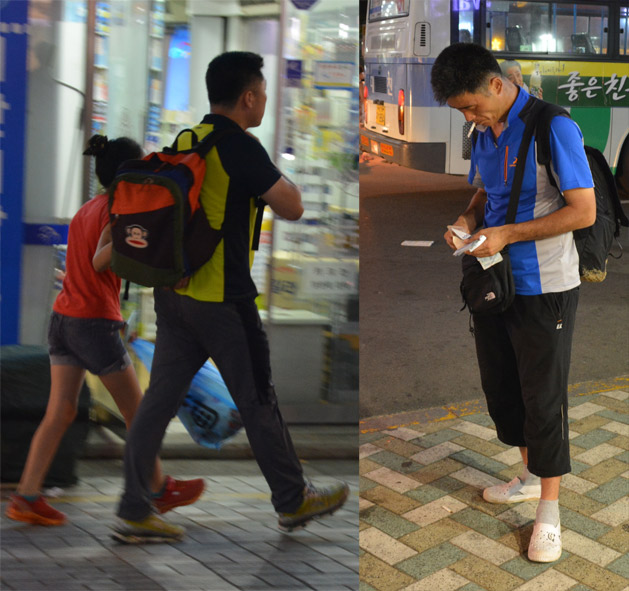 LEFT: Matching shoes is a MUST in Korean hiking fashion. RIGHT: Sporty capris with Crocs & socks are in!