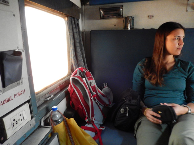 Alissa on the sleeper train from Mumbai to Goa