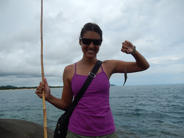 Alissa fishing in Lake Malawi.  Not the biggest fish ever caught!