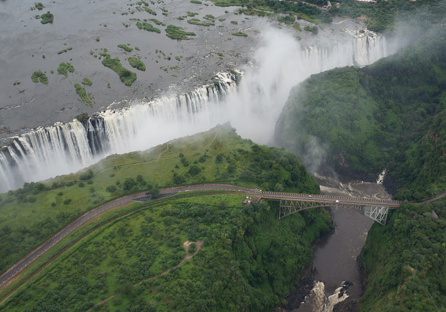 An aerial shot taken from a helicopter by Bill, another Oasis passenger on our trip.  The bridge is the Victoria Falls Bridge, the one I will be jumping off tomorrow!